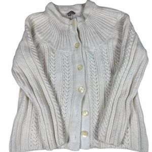 J. Jill Cardigan Women's M Cable Knit Button Up Ribbed Yoke Sweater Shabby Chic
